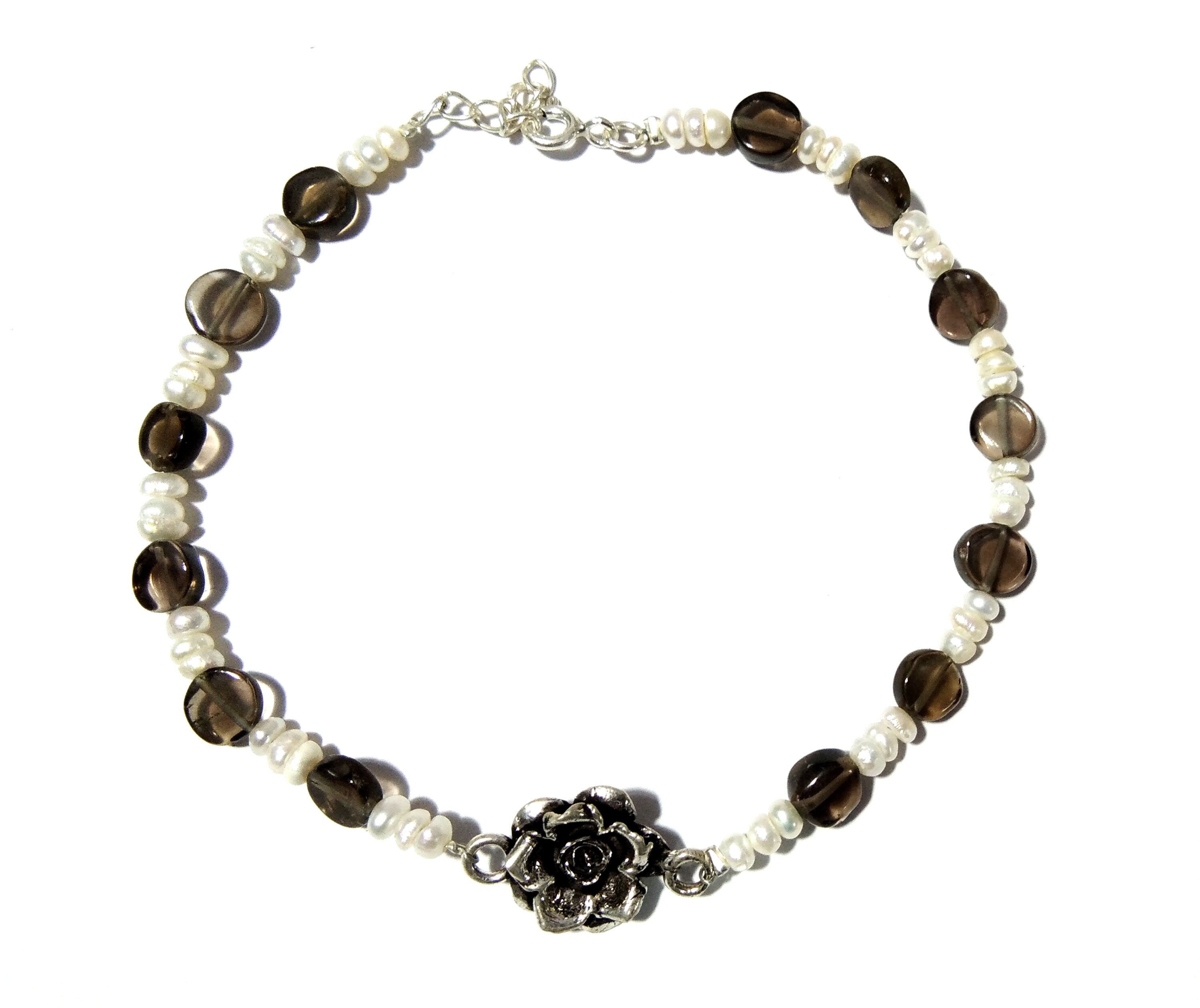 20%Off ! Freshwater Pearl & Smoky Quartz Bracelet, Pearl Jewelry, Solid 925 Sterling Silver Stone Bracelet, Bridesmaid Gift, Bridal Bracelet